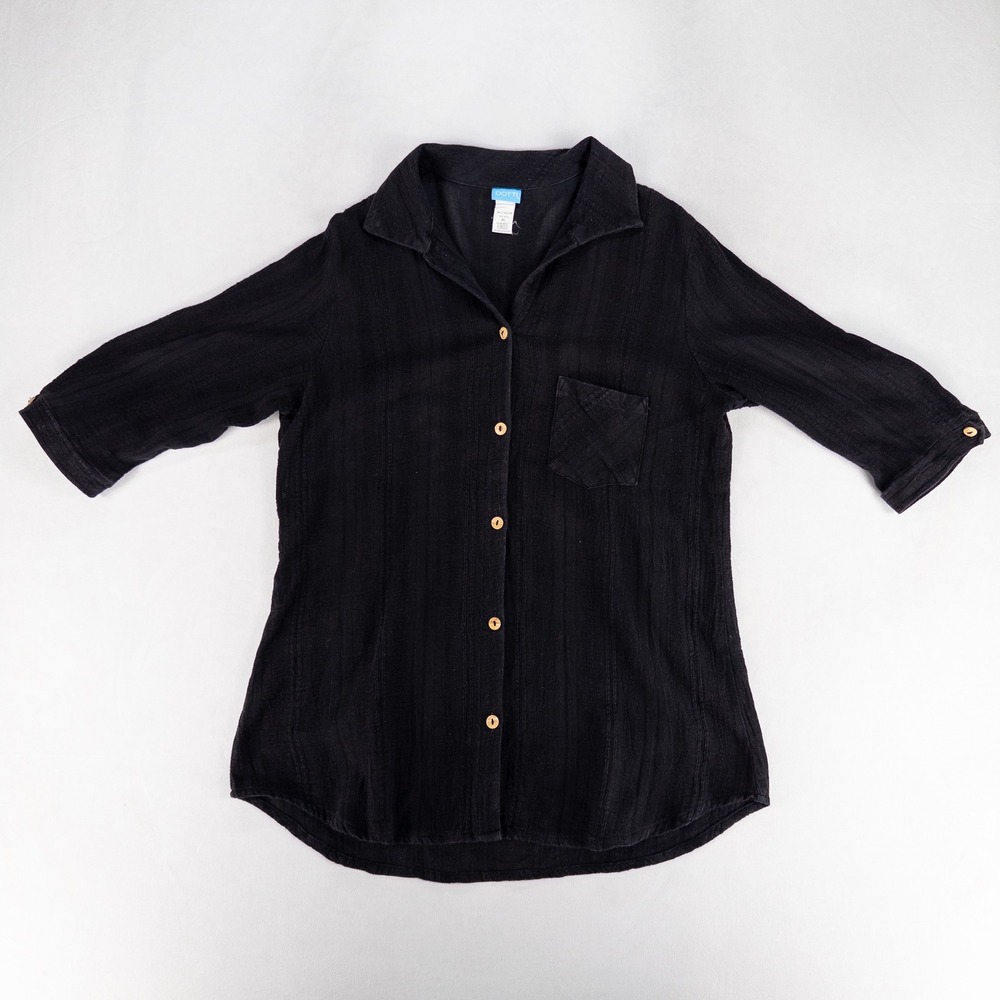Dotti Womens Shirt XL Black Cotton Textured 3/4 Sleeve Button Up Beach Cover Up